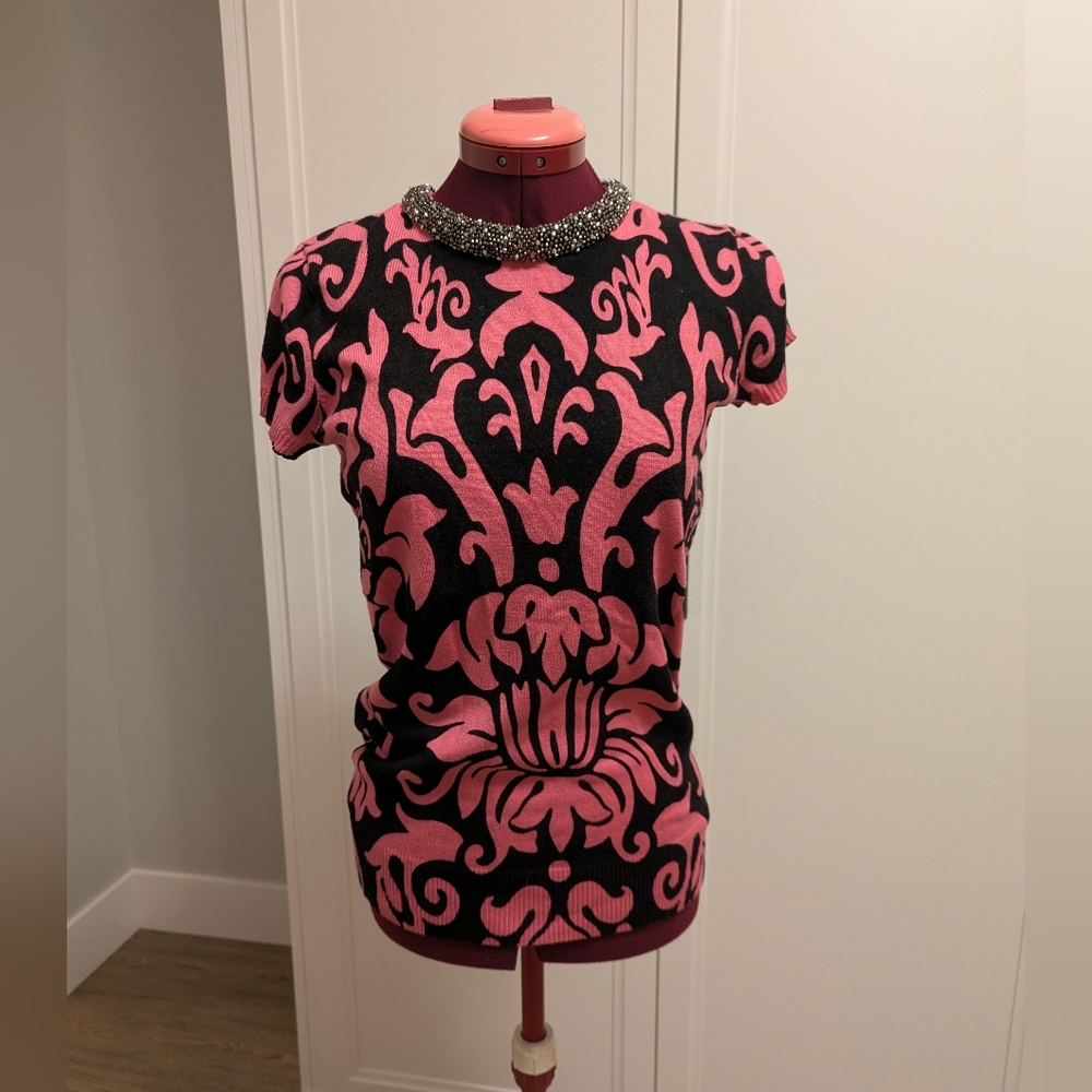 INC International Concepts Pink and Black Baroque Short Sleeve Sweater